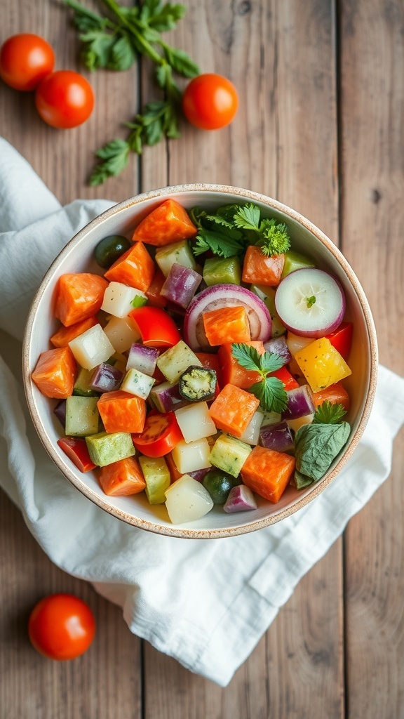 A colorful bowl of chopped early cabbage salad with various vegetables.