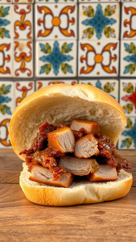A close-up of a bifana sandwich filled with marinated pork, set against a colorful tiled background.