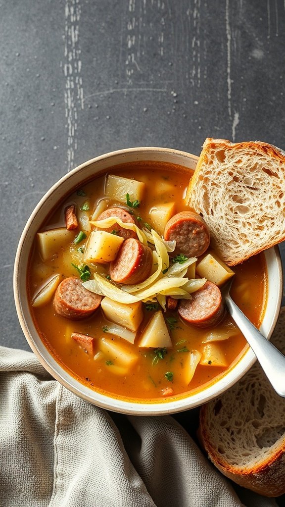 A bowl of sausage sauerkraut soup with potatoes and sausage slices, accompanied by a slice of bread.