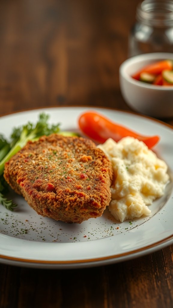 A plate of Kotlet Schabowy with mashed potatoes and vegetables.