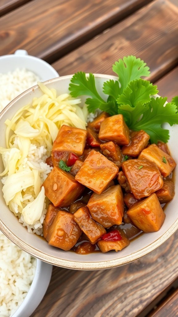 Bowl of slow-cooker kalua pork with cabbage and rice.