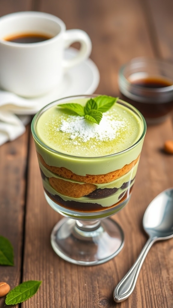 Matcha Tiramisu Recipe Matcha Tiramisu layered in a glass dish with matcha powder dusting, coffee cup in the background.