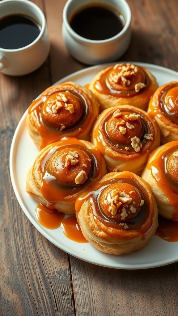 Easy Sticky Buns with Puff Pastry Golden brown sticky buns made from puff pastry, topped with caramel and nuts, served on a wooden table.