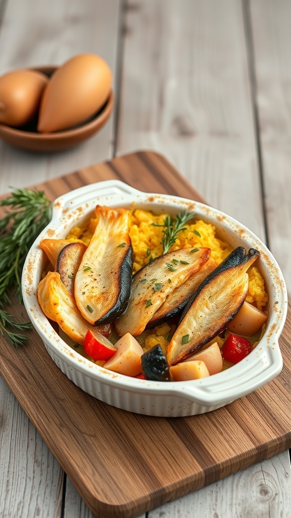 Savukalan ja kasvisten mökkipiirakka, jossa on kauniisti paistettuja kasviksia ja savukalaa.