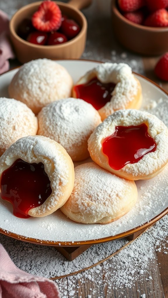 A plate of pączki, Polish doughnuts filled with jam and dusted with powdered sugar.