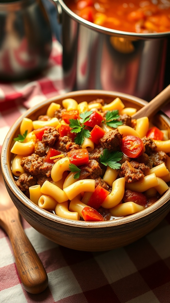 A bowl of American goulash with macaroni, ground beef, and cheese, garnished with parsley, on a rustic table.