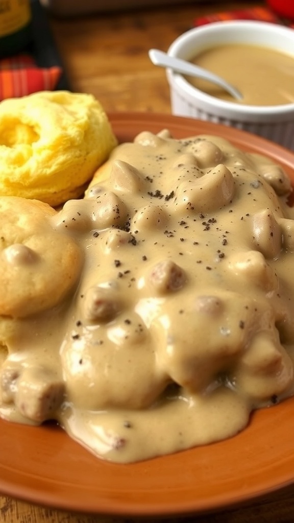 Biscuits topped with creamy sausage gravy, served on a rustic table.
