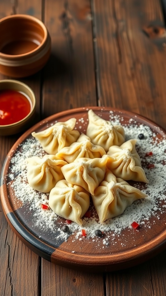 A plate of khinkali dumplings on a wooden table with dipping sauces.