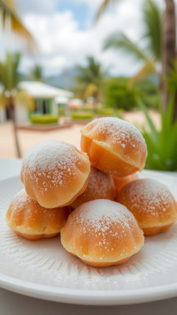 A plate of fluffy malasadas dusted with li hing sugar, set against a tropical backdrop.