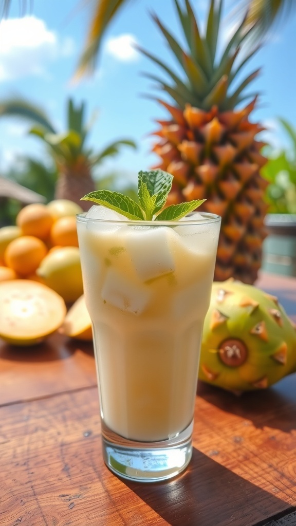 A glass of soursop punch with ice and mint leaves on a wooden table, surrounded by tropical fruits.