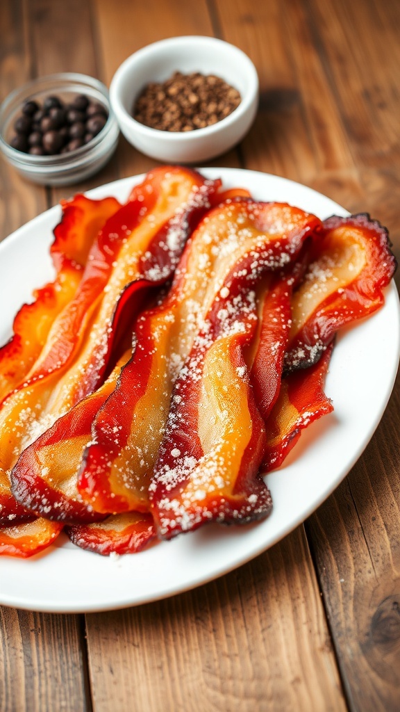 Crispy oven-baked bacon strips coated in flour on a white plate, with pepper and paprika in the background.