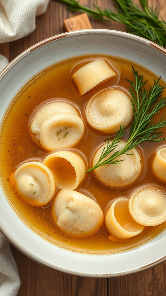 A bowl of kreplach dumplings in broth with herbs.