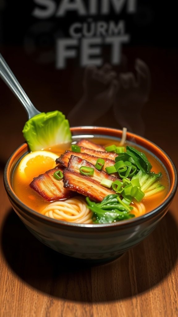 A bowl of saimin noodle soup with char siu, greens, and a soft-boiled egg.
