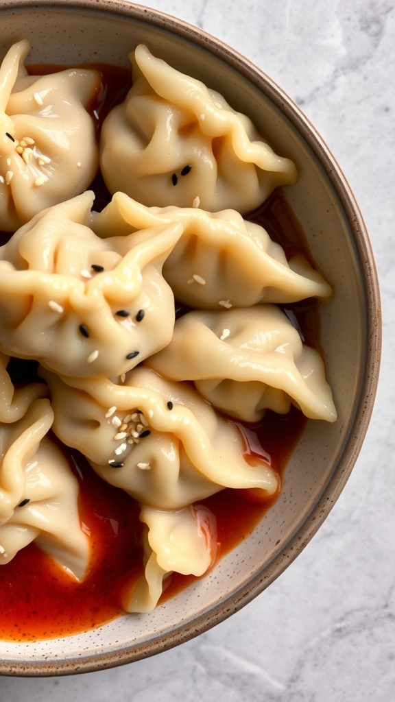 A bowl of mandu dumplings with a spicy dipping sauce.