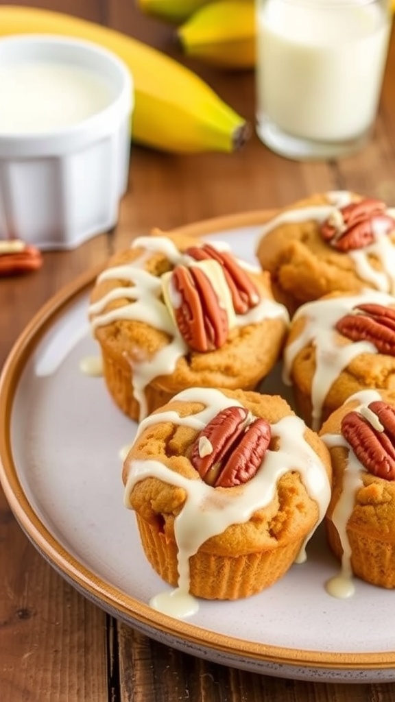 Banana pecan cinnamon swirl muffins topped with vanilla icing on a rustic plate.