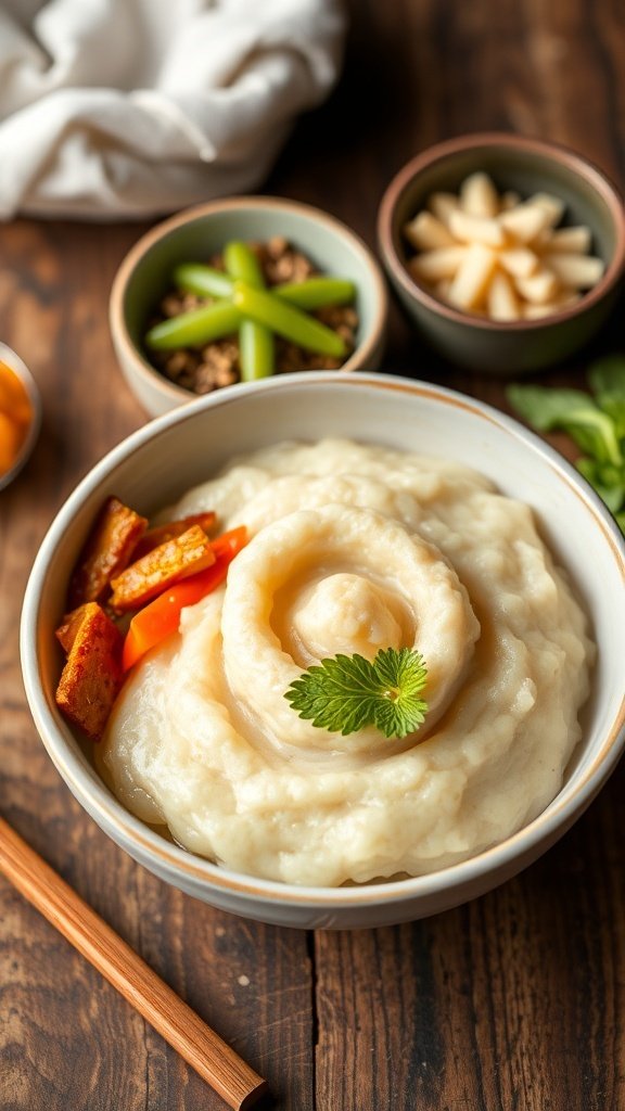 A bowl of creamy poi with garnishes and sides on a wooden table.