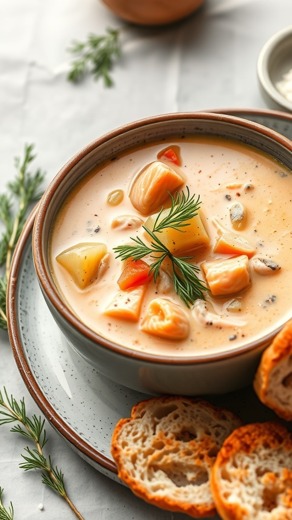 A bowl of creamy salmon soup with potatoes and herbs, served with bread.