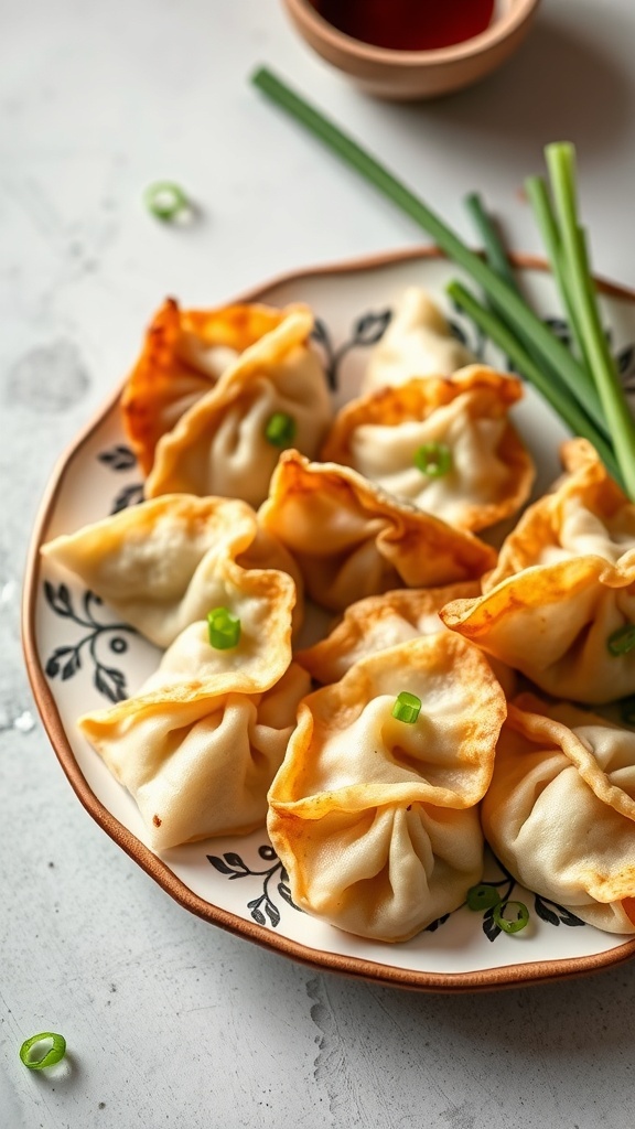 A plate of golden-brown gyoza dumplings garnished with green onions.