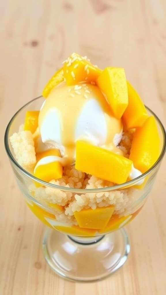 A colorful Mango Sticky Rice Sundae with sticky rice, mango, vanilla ice cream, and coconut sauce in a clear bowl.