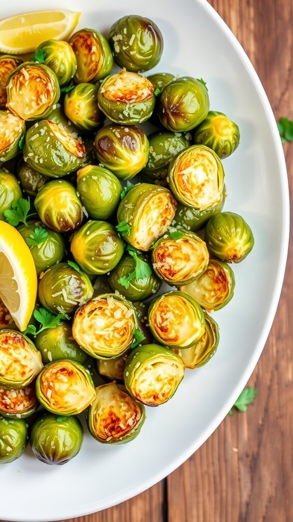 Parmesan crusted Brussels sprouts on a plate, garnished with parsley and lemon.