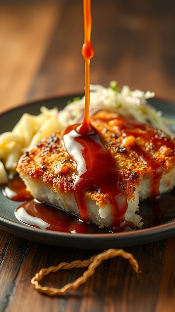 Ahi katsu drizzled with tonkatsu sauce served with cabbage slaw.