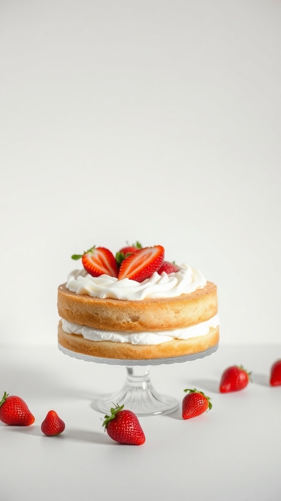A beautiful strawberry sponge cake topped with whipped cream and fresh strawberries.