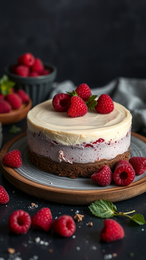 Vadelmajuustokakku mutakakkupohjalla, päällä tuoreita vadelmia.