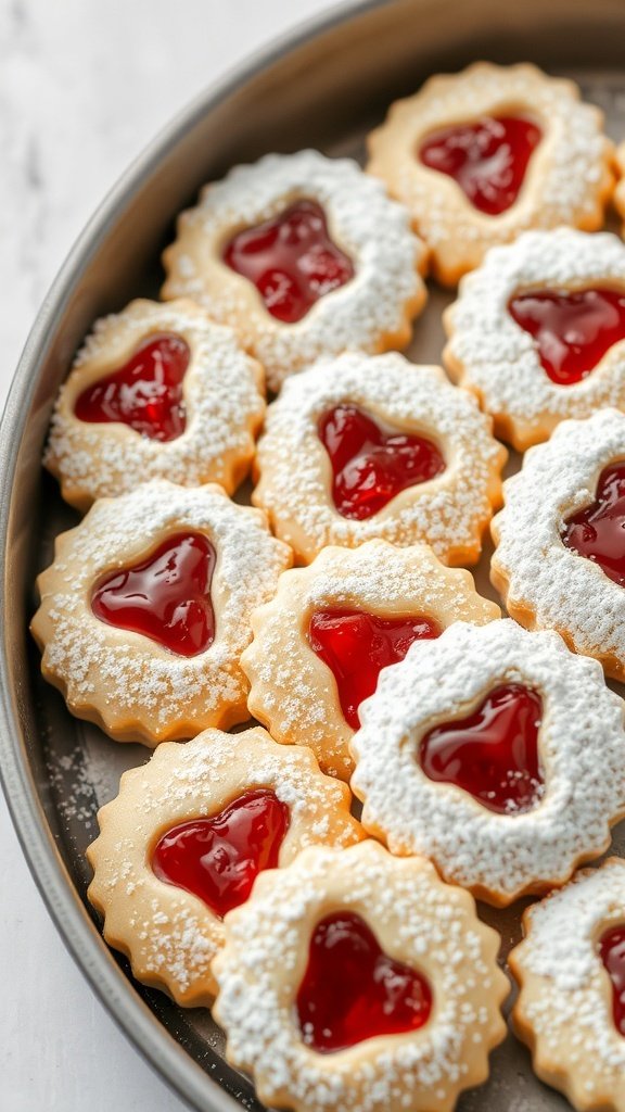 A tray of heart-shaped kołaczki cookies filled with red fruit preserves and dusted with powdered sugar.