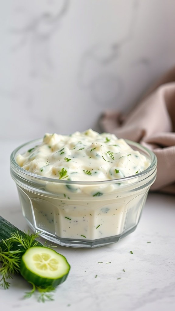 A bowl of creamy cucumber salad with fresh dill and sliced cucumber on the side.