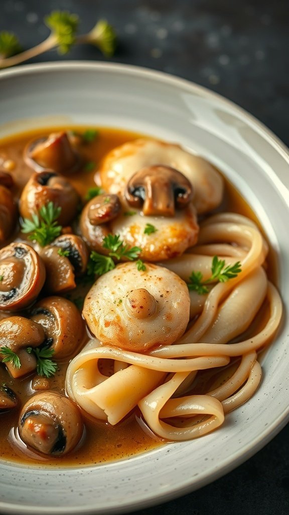 A plate of kopytka served with mushrooms and sauce.