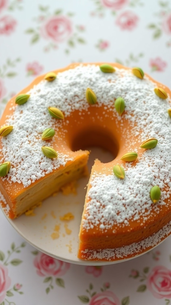 A round Persian Love Cake topped with powdered sugar and pistachios, with a slice removed to show the moist texture.