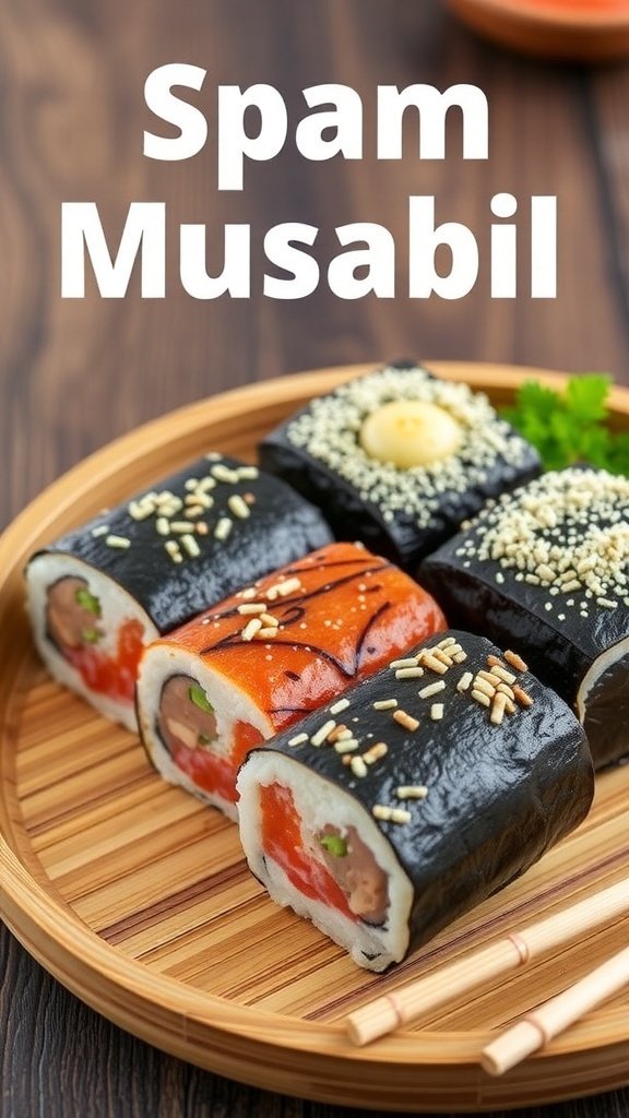 Crispy Spam Musubi with three flavor variations on a bamboo plate.