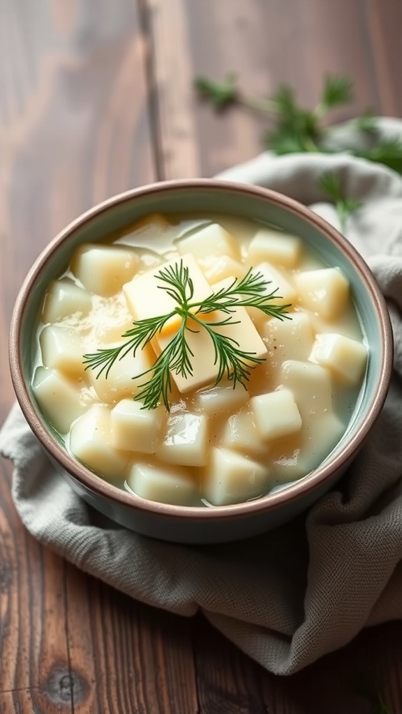 A bowl of creamy lomapotut with butter and dill on top.
