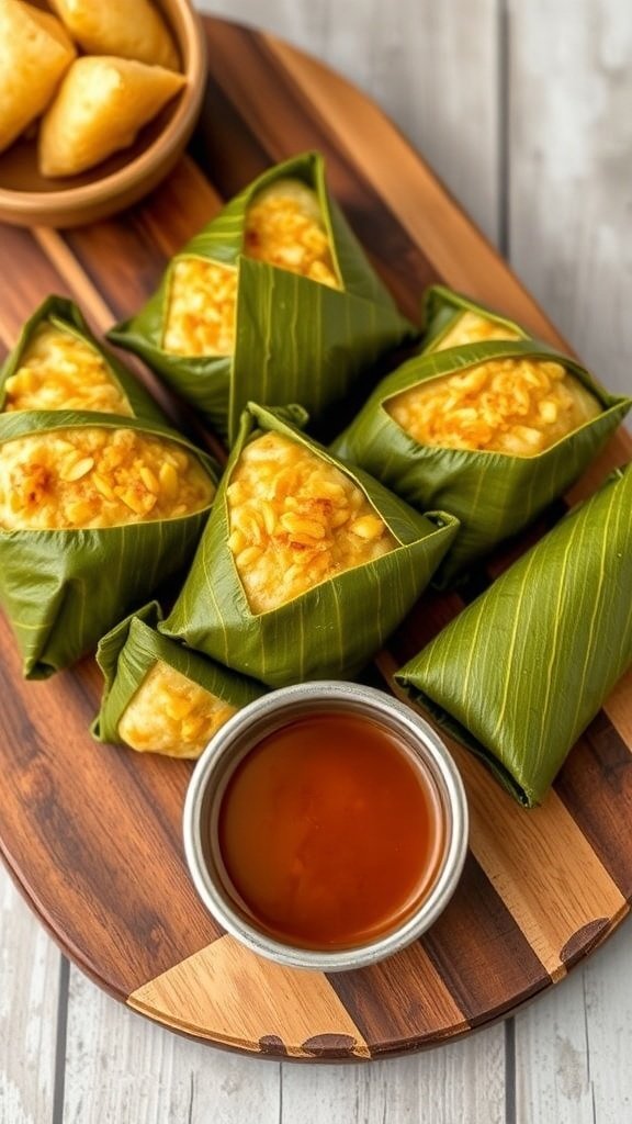 Oven-baked laulau-inspired parcels wrapped in banana leaves with a small bowl of dipping sauce.