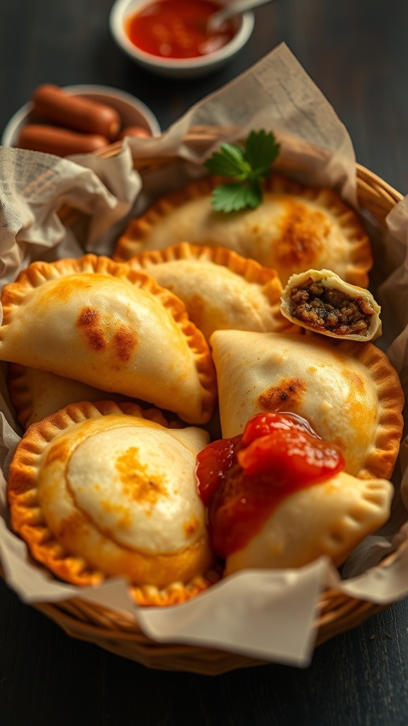 A basket of golden empanadas with a side of sauce.