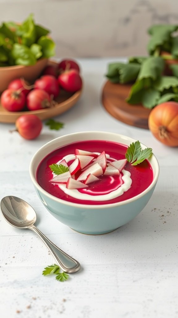 A bowl of chilled beet soup topped with yogurt, diced radishes, and fresh herbs, surrounded by fresh vegetables.
