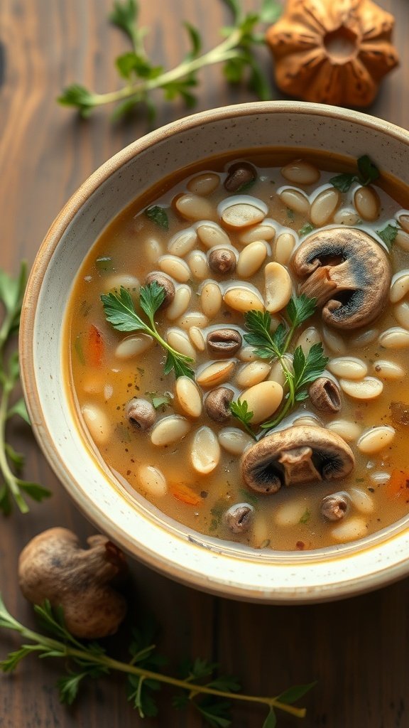 A bowl of mushroom barley soup with mushrooms and barley, garnished with parsley.