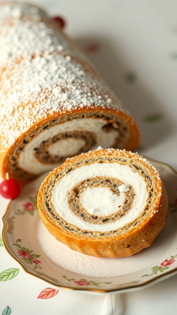 A slice of sweet poppy seed roll (Makowiec) on a decorative plate, dusted with powdered sugar.