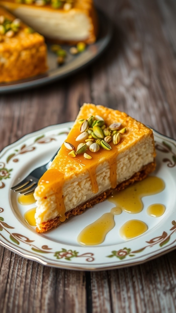 A slice of kunafa cheesecake with a crispy crust, creamy filling, garnished with pistachios and honey.