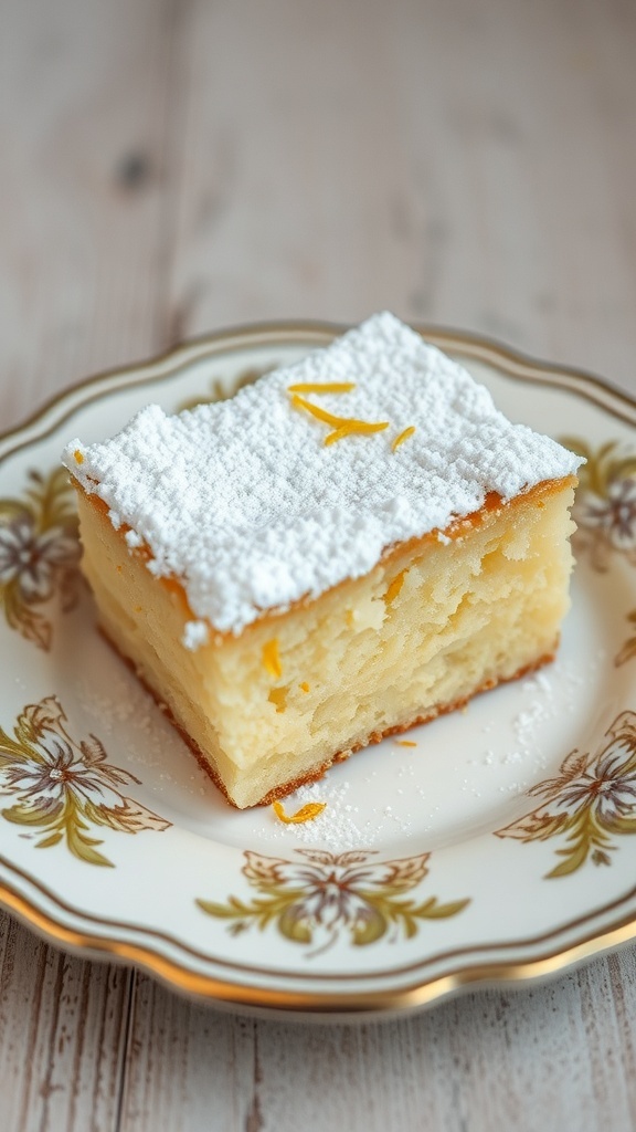Slice of Italian lemon cake dusted with powdered sugar on a decorative plate.