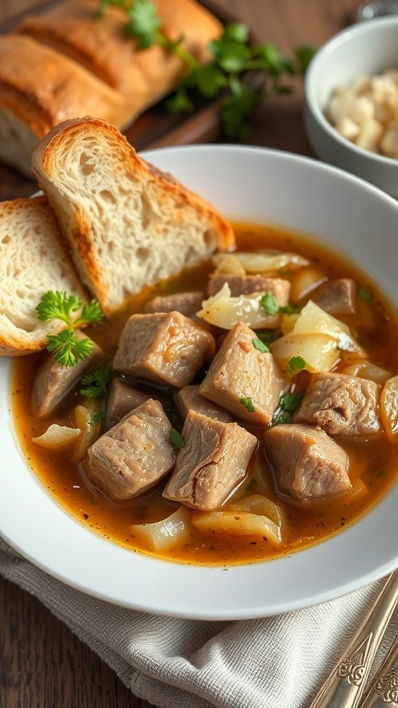 A bowl of Kapuśniak soup with cabbage and meat, served with slices of bread.