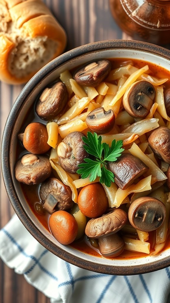 A bowl of Bigos, featuring cabbage, mushrooms, and carrots, with a side of bread.