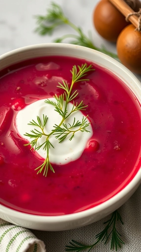 A bowl of vibrant red beet soup topped with sour cream and herbs.