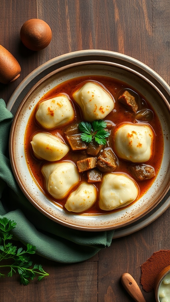 A bowl of suet dumplings in a rich stew, garnished with parsley.