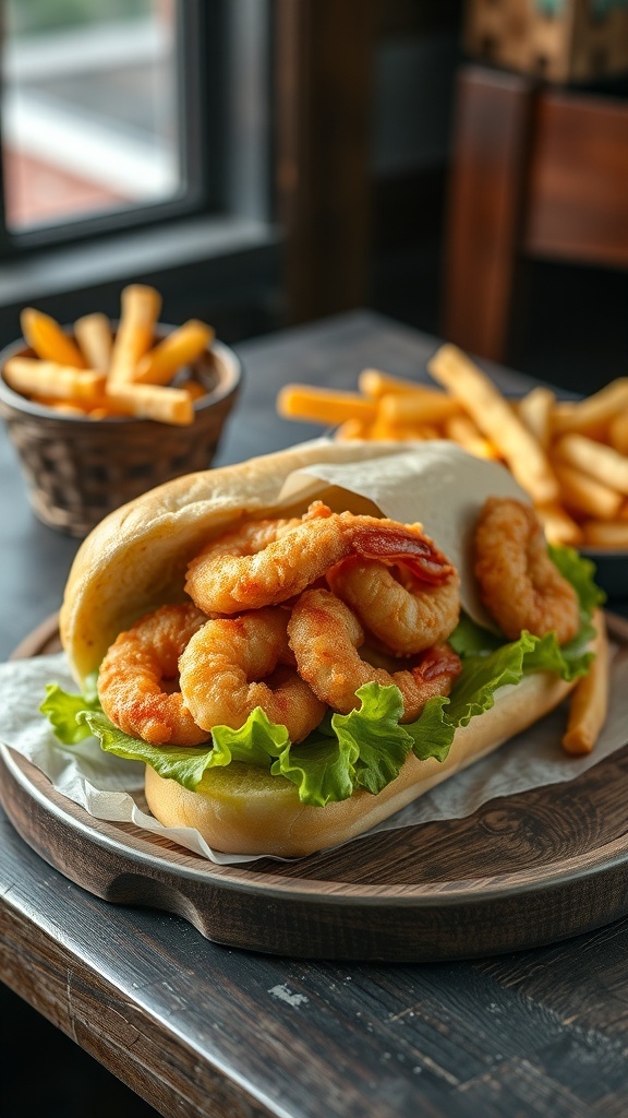 A delicious Po’ Boy sandwich filled with fried shrimp, lettuce, and served with fries.