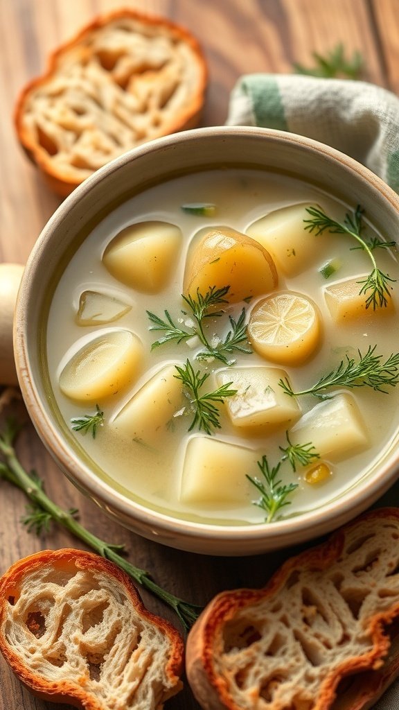 A bowl of Zupa Ogórkowa with potatoes and dill, accompanied by slices of bread.