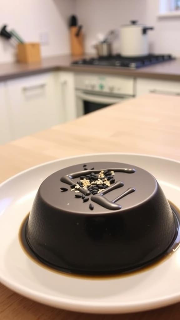 Black sesame panna cotta garnished with sesame seeds and paste on a white plate.