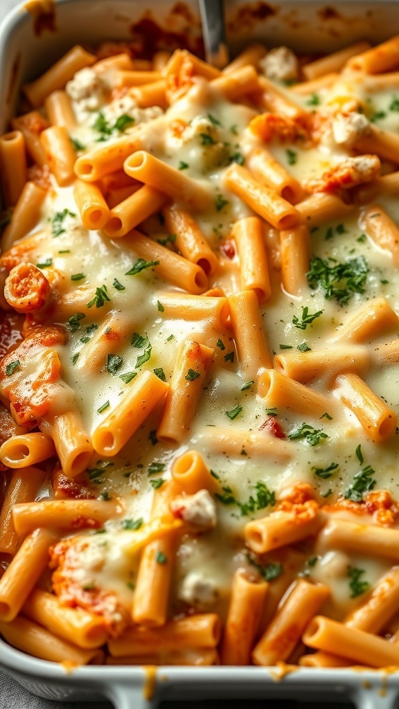 Baked tuna pasta with rigatoni and melted cheese topped with parsley.