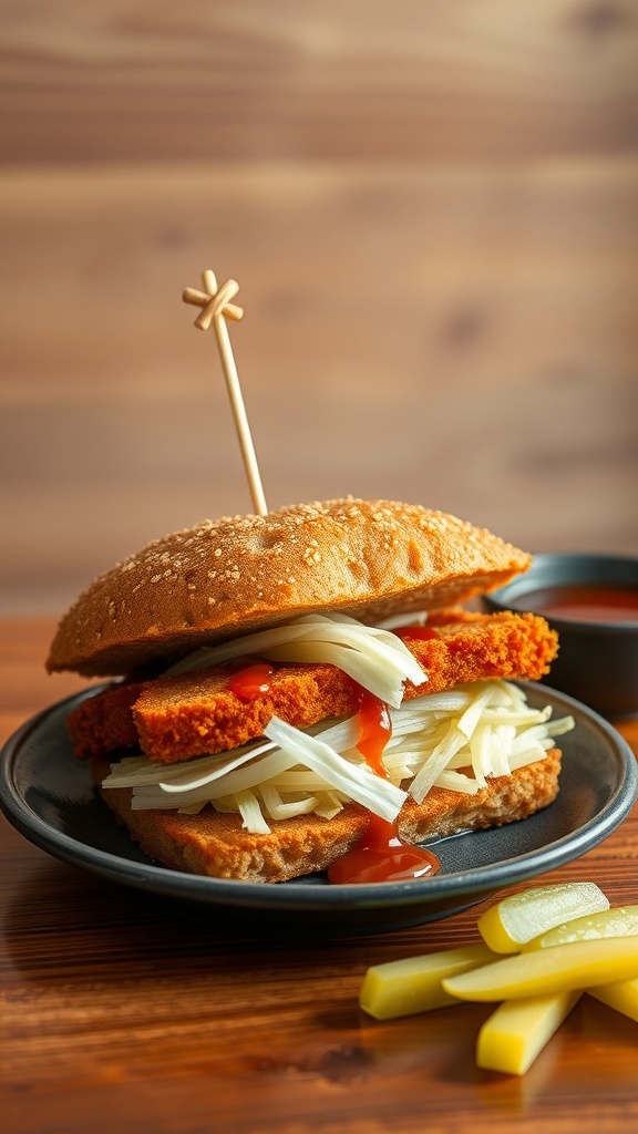 A Katsu Sando sandwich with crispy pork cutlet, shredded cabbage, and sauce, served on a plate with pickles.