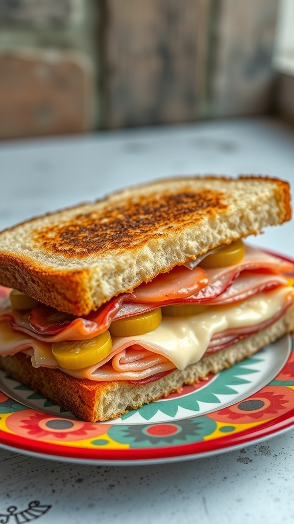 A Cuban sandwich with layers of ham, roasted pork, Swiss cheese, and pickles on a colorful plate.